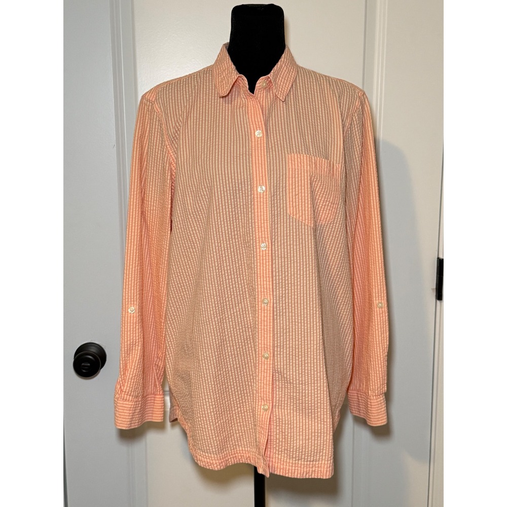 Eddie Bauer Womens L Orange White Seersucker Striped Button Down Shirt Cotton